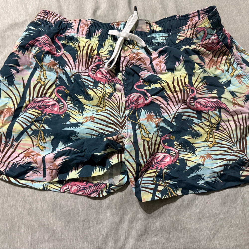 ZYIA Men's Flamingo Print Swim Trunks in Pink, Navy, Yellow